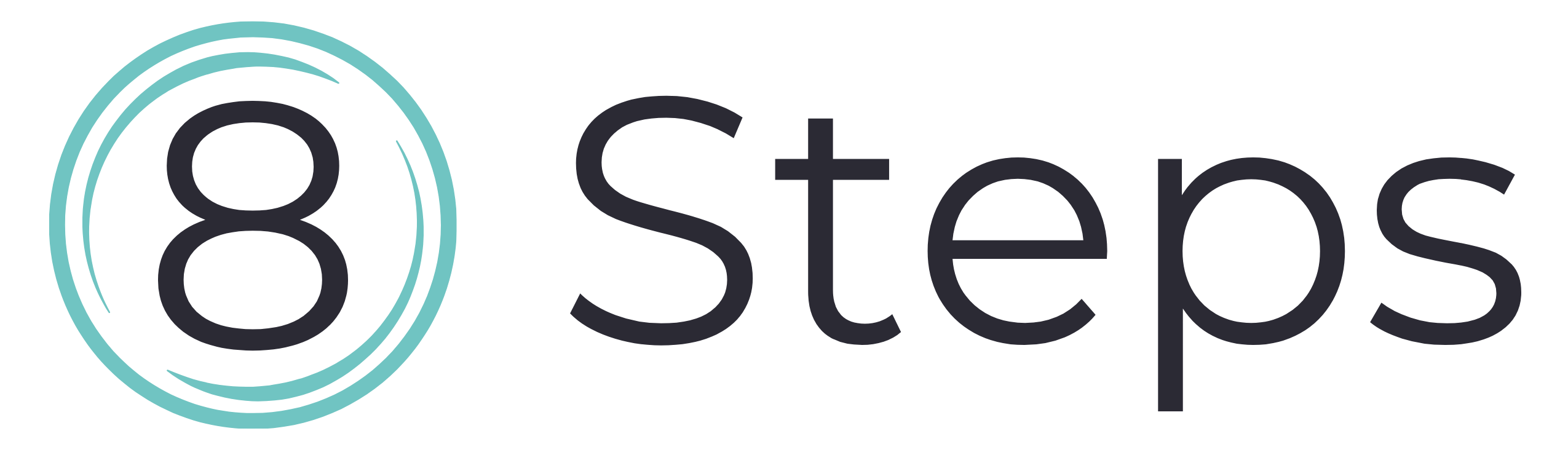 The image displays the text 8 Steps with the number 8 inside two teal circular lines, followed by the word Steps in bold black font on a white background.